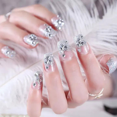Double Size Glitter Diamond Press On Nails – Luxury Bridal & Party Wear Fake Nails