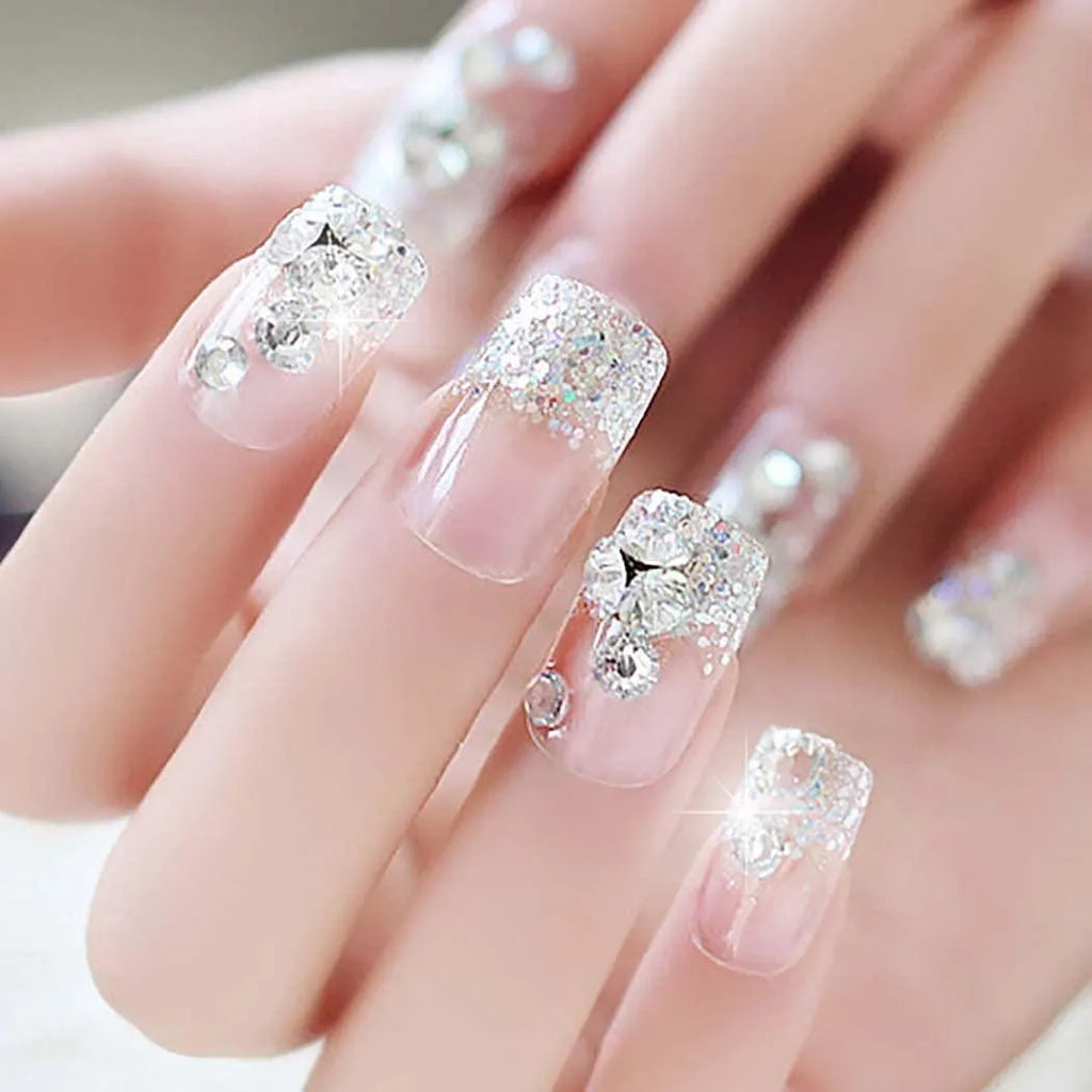 Double Size Glitter Diamond Press On Nails – Luxury Bridal & Party Wear Fake Nails